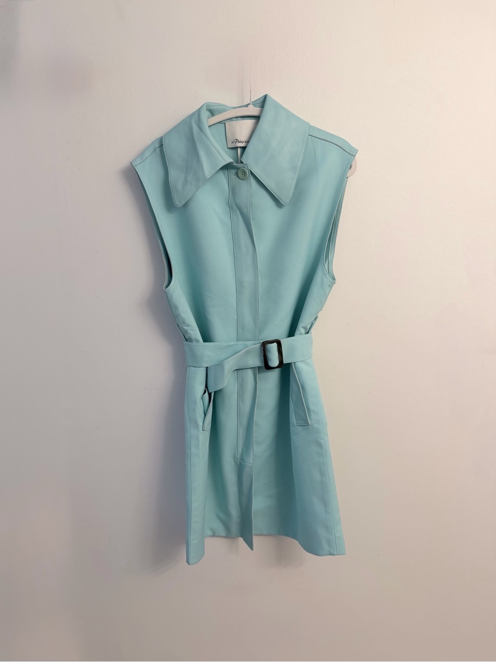 3.1 Phillip Lim Sleeveless Belted Mini Dress in Aqua Blue Fabric/Vegan Leather